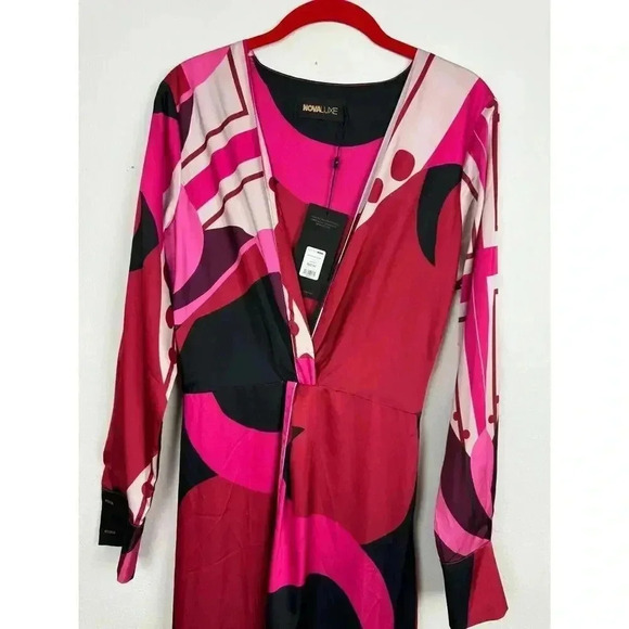 Fashion Nova NOVA LUXE Pink/Black Maxi Dress Size XS. Sexy Long Sleeve Vneck - Picture 6 of 11
